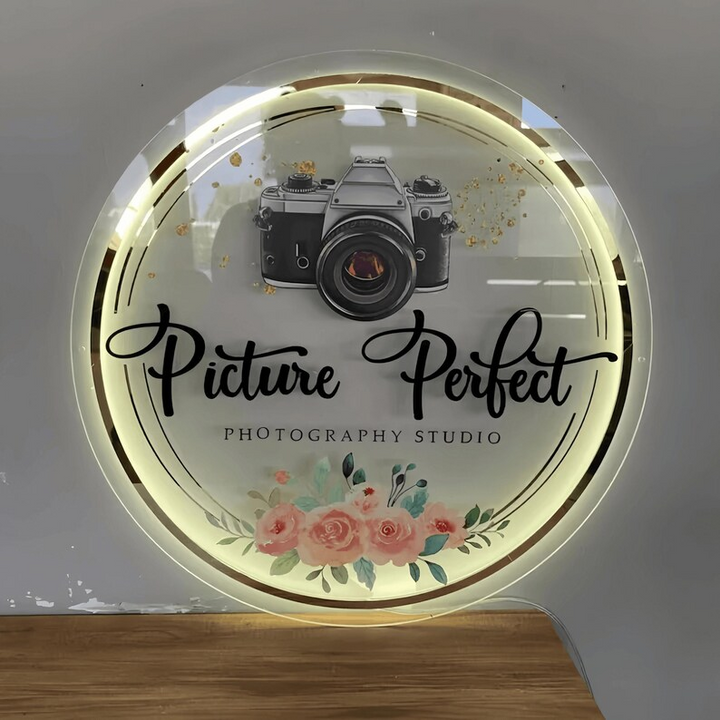 Custom Backlit Acrylic Logo Sign Round Illuminated Design for Reception and Studio Decor